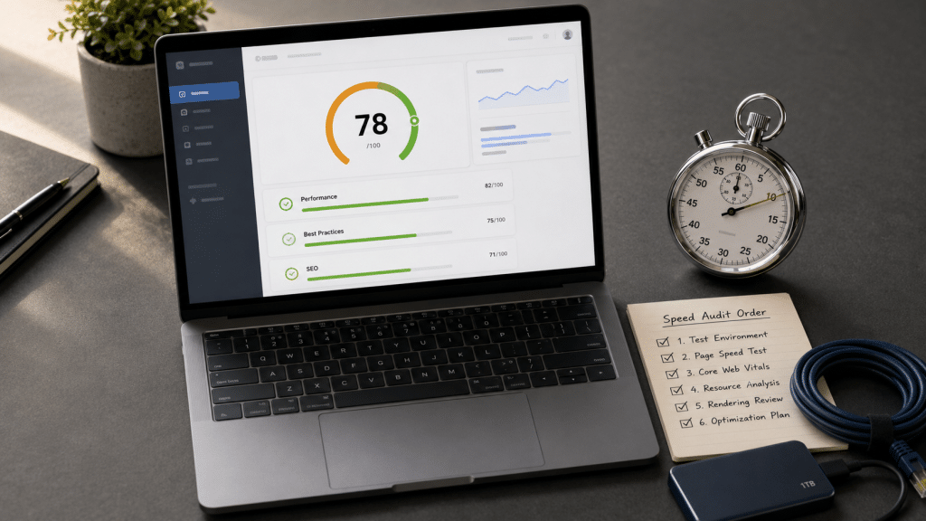 Website speed optimisation south africa shown on a laptop displaying a performance score gauge beside a stopwatch and a hand-written render-blocking checklist