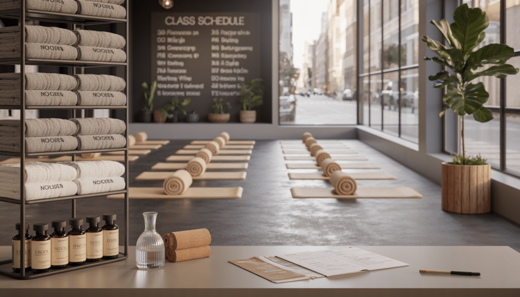 Wellness lead generation South Africa — modern boutique gym studio environment with empty open floor space, brand merchandise display, and natural morning light streaming through floor-to-ceiling windows