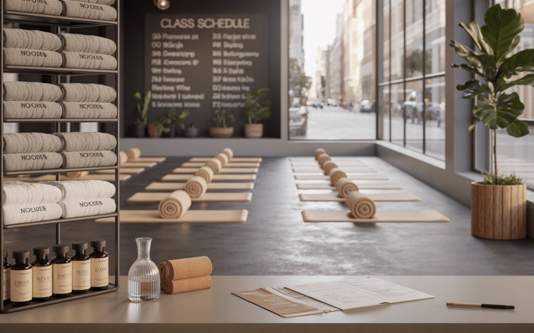 Wellness lead generation South Africa — modern boutique gym studio environment with empty open floor space, brand merchandise display, and natural morning light streaming through floor-to-ceiling windows