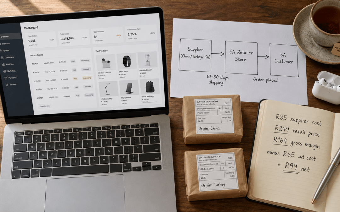 What is dropshipping in south africa workspace flat-lay with a laptop showing a generic ecommerce dashboard, printed supplier-to-customer flow diagram with arrows from manufacturer through retailer to customer, sample international parcels marked with origin labels, and Rand-priced supplier cost annotations on a wooden desk