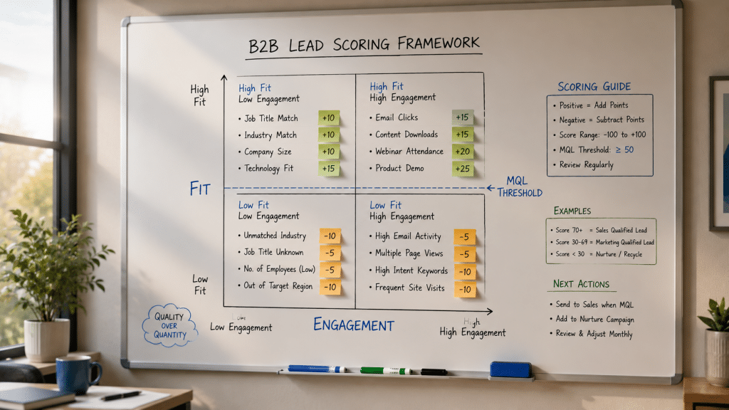 What is lead scoring — whiteboard showing a B2B lead scoring framework with positive and negative point criteria mapped across fit and engagement axes