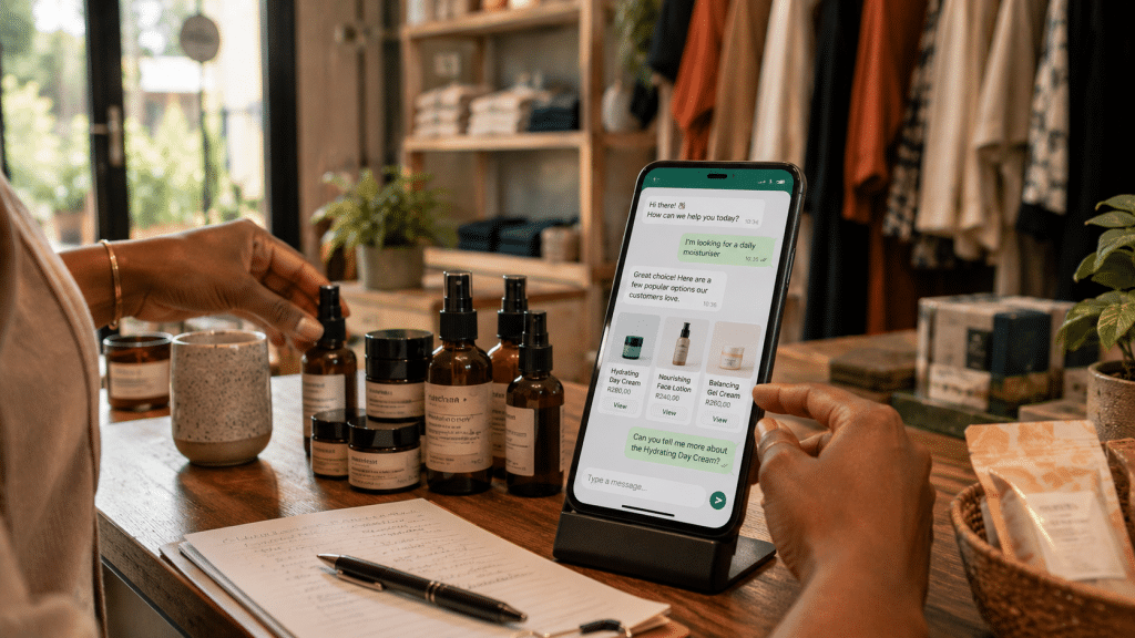 What is WhatsApp commerce South Africa — environmental shot of small SA retail counter with mobile order interface and product catalog