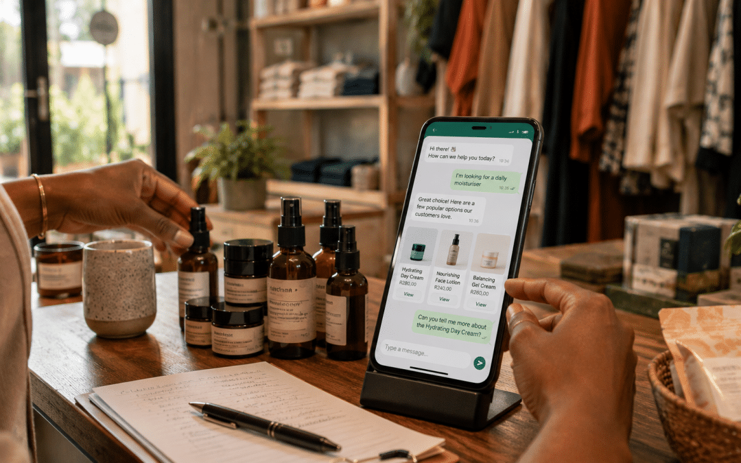 What is WhatsApp commerce South Africa — environmental shot of small SA retail counter with mobile order interface and product catalog