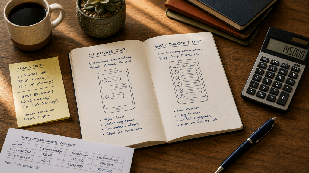 WhatsApp broadcast vs groups South Africa — environmental desk scene with notes comparing one-to-many sends and group chats for SA marketing