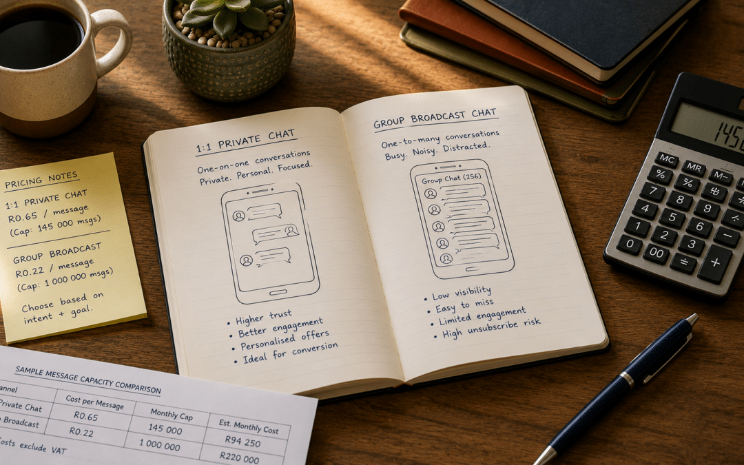 WhatsApp broadcast vs groups South Africa — environmental desk scene with notes comparing one-to-many sends and group chats for SA marketing
