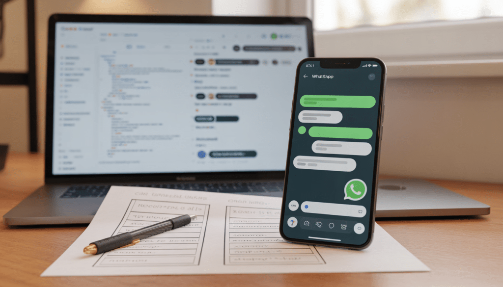 WhatsApp business vs api south africa side-by-side comparison shown on a smartphone displaying a generic mobile app interface beside a laptop showing a server dashboard with API endpoints