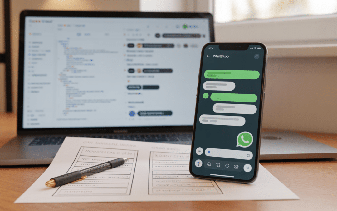 WhatsApp business vs api south africa side-by-side comparison shown on a smartphone displaying a generic mobile app interface beside a laptop showing a server dashboard with API endpoints