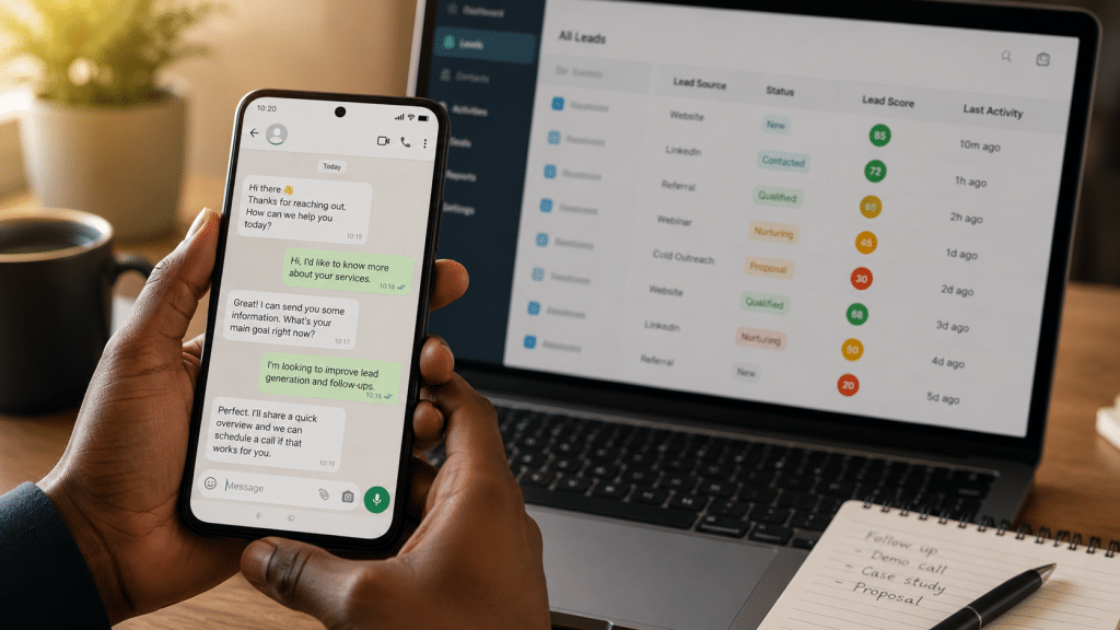 WhatsApp for B2B lead nurturing — close-up of a smartphone showing a B2B WhatsApp conversation alongside a laptop displaying CRM lead scoring