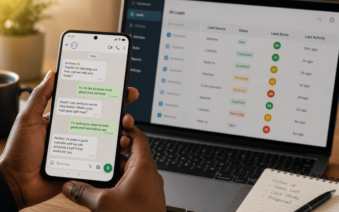 WhatsApp for B2B lead nurturing — close-up of a smartphone showing a B2B WhatsApp conversation alongside a laptop displaying CRM lead scoring