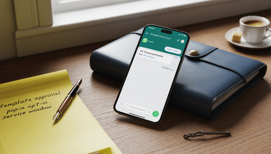 WhatsApp for professional services — smartphone on wooden desk showing client conversation thread alongside legal pad with template approval notes and fountain pen