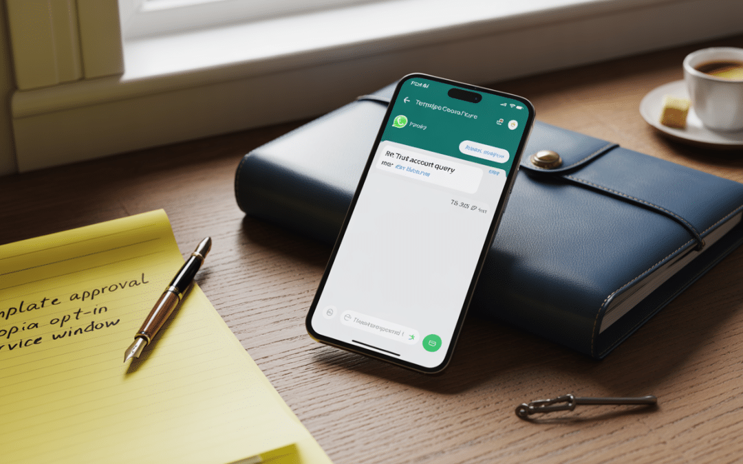 WhatsApp for professional services — smartphone on wooden desk showing client conversation thread alongside legal pad with template approval notes and fountain pen
