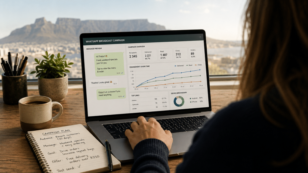 WhatsApp marketing agency Cape Town — over-the-shoulder view of a marketer reviewing a WhatsApp broadcast campaign for a Cape Town business