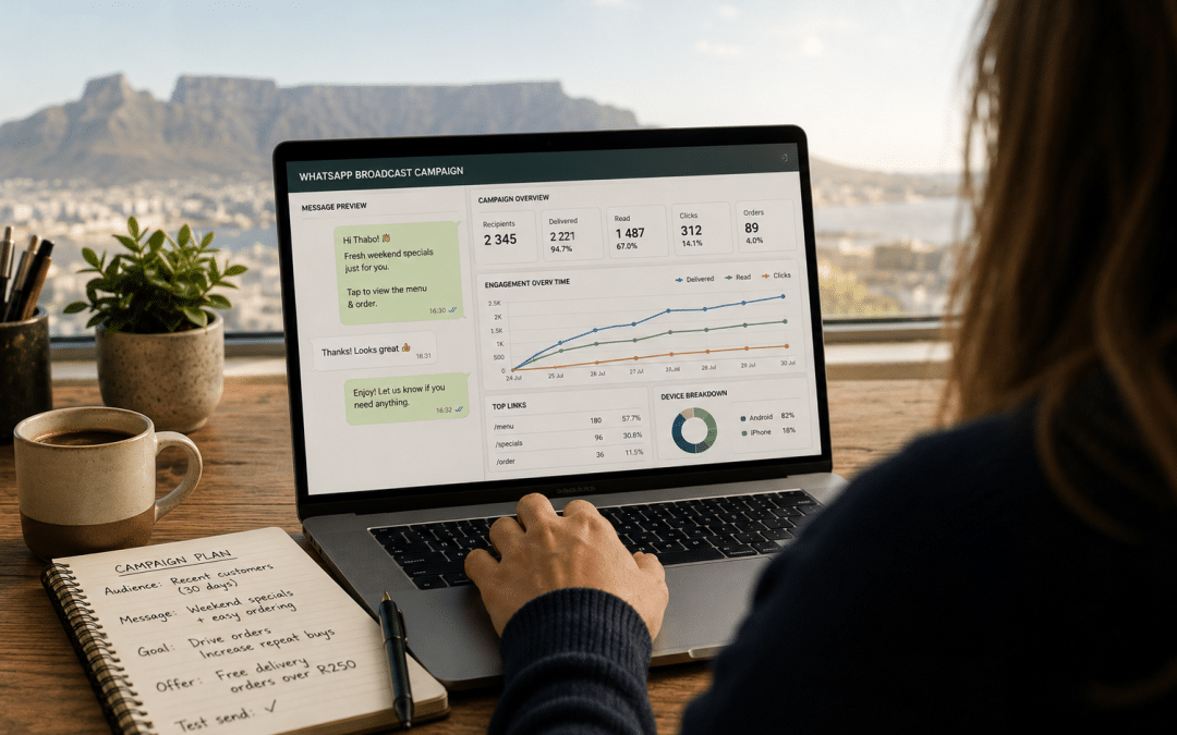 WhatsApp marketing agency Cape Town — over-the-shoulder view of a marketer reviewing a WhatsApp broadcast campaign for a Cape Town business
