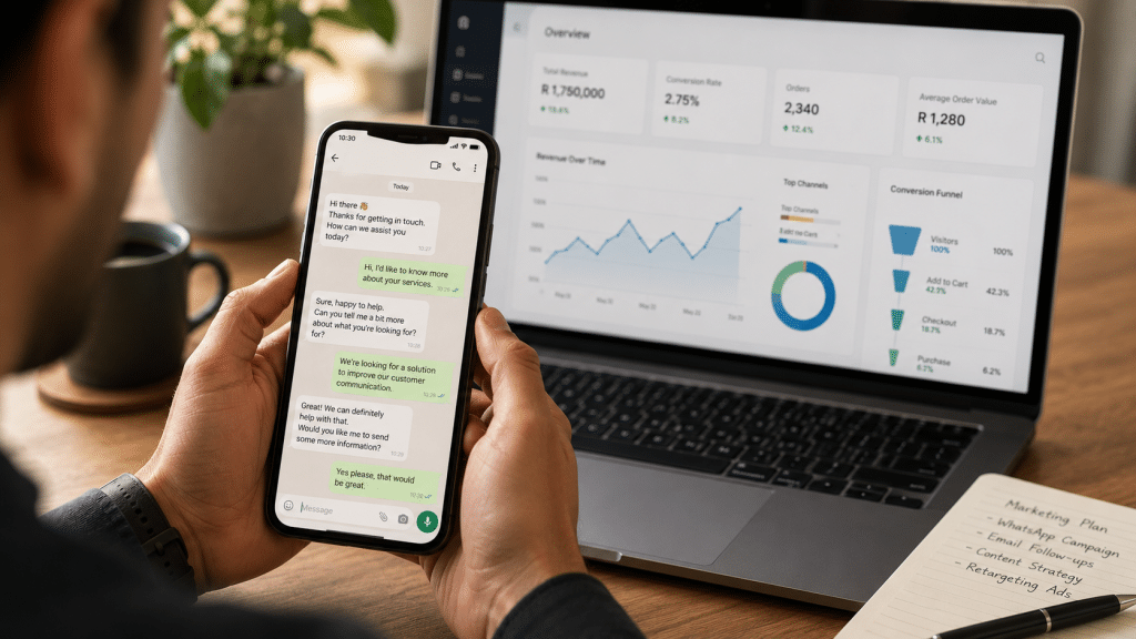 WhatsApp marketing examples South Africa — over-the-shoulder view of a phone showing a WhatsApp business conversation thread with metrics displayed on a laptop