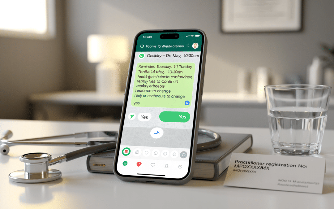 WhatsApp marketing for healthcare South Africa — smartphone displaying patient appointment reminder chat next to stethoscope and HPCSA practitioner registration card on clinical desk