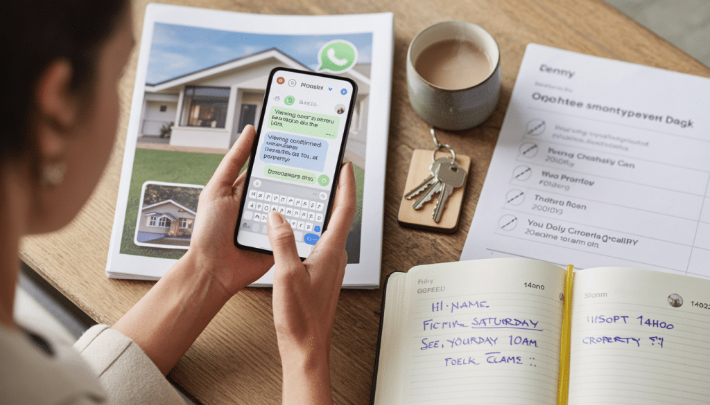 Real estate whatsapp marketing shown over the shoulder of an estate agent typing a property viewing confirmation on a smartphone with a generic property chat interface visible