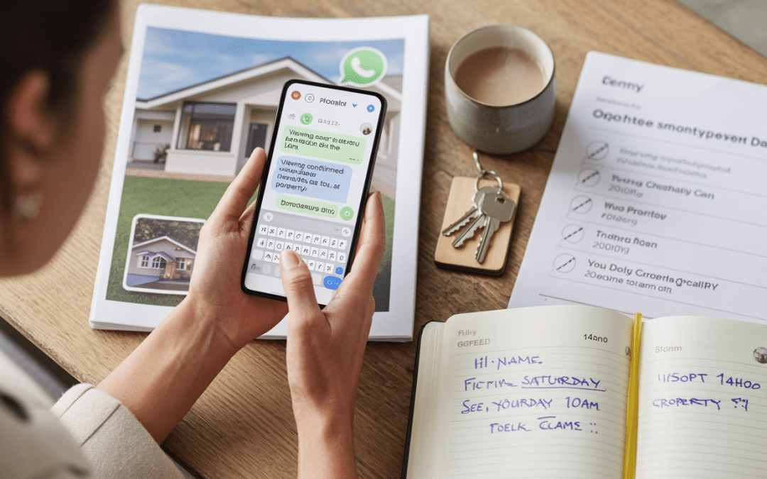 Real estate whatsapp marketing shown over the shoulder of an estate agent typing a property viewing confirmation on a smartphone with a generic property chat interface visible