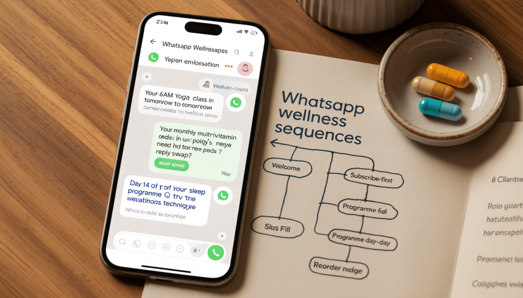 WhatsApp marketing for wellness South Africa — smartphone displaying wellness brand WhatsApp Business conversation thread with class reminder, subscription nudge, and supplement reorder messages alongside printed wellness brand collateral and a green plant