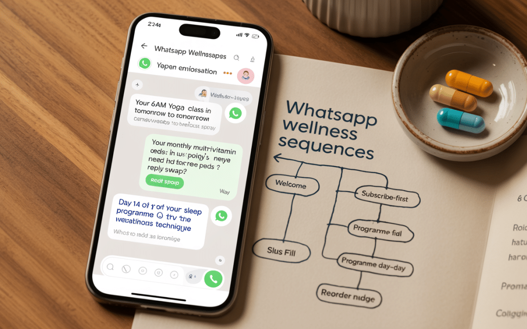 WhatsApp marketing for wellness South Africa — smartphone displaying wellness brand WhatsApp Business conversation thread with class reminder, subscription nudge, and supplement reorder messages alongside printed wellness brand collateral and a green plant