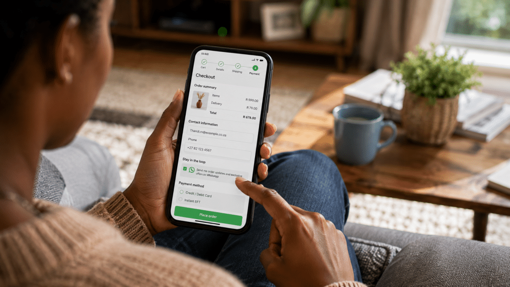 WhatsApp marketing list South Africa — over-the-shoulder view of a phone showing a WhatsApp opt-in form on a website checkout page