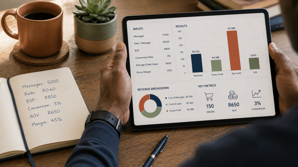 WhatsApp marketing ROI calculator South Africa — over-the-shoulder view of a tablet showing campaign cost and return projections with a notebook listing inputs