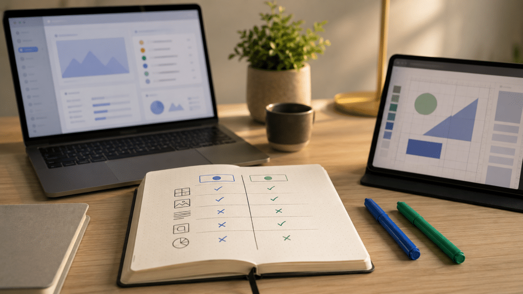 Wordpress vs webflow south africa compared on two devices side by side on a desk, one screen showing a content-style admin layout and the other a visual design canvas