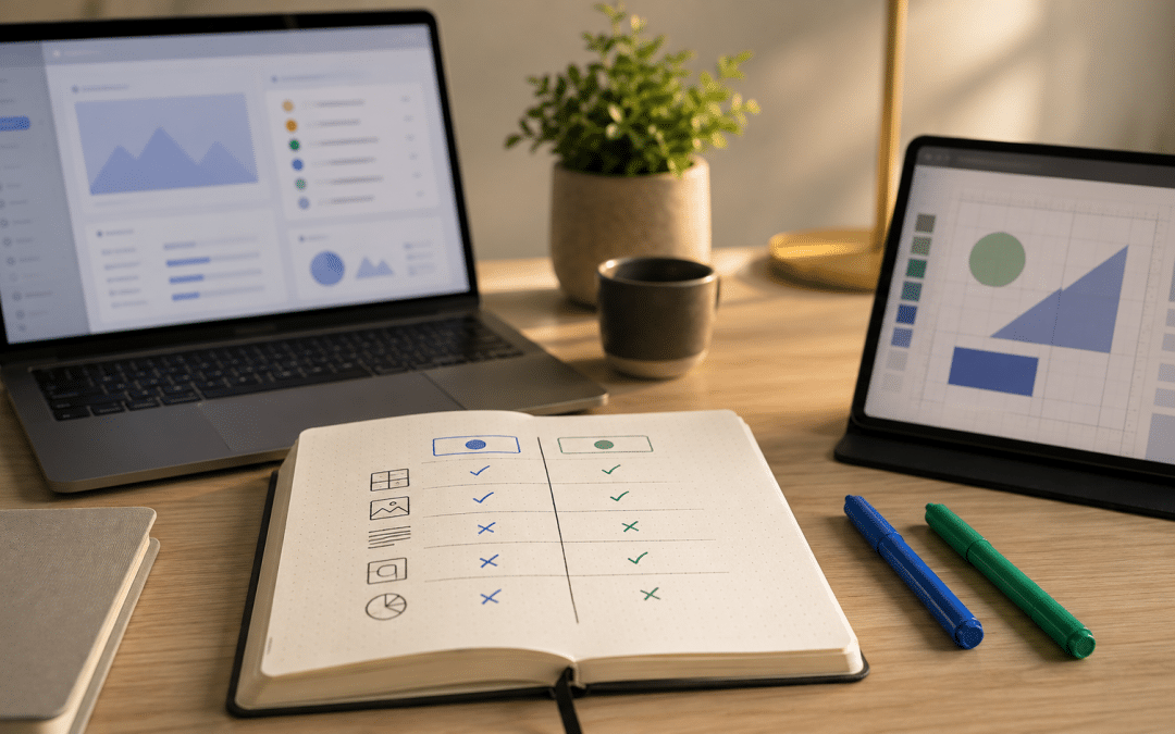 Wordpress vs webflow south africa compared on two devices side by side on a desk, one screen showing a content-style admin layout and the other a visual design canvas