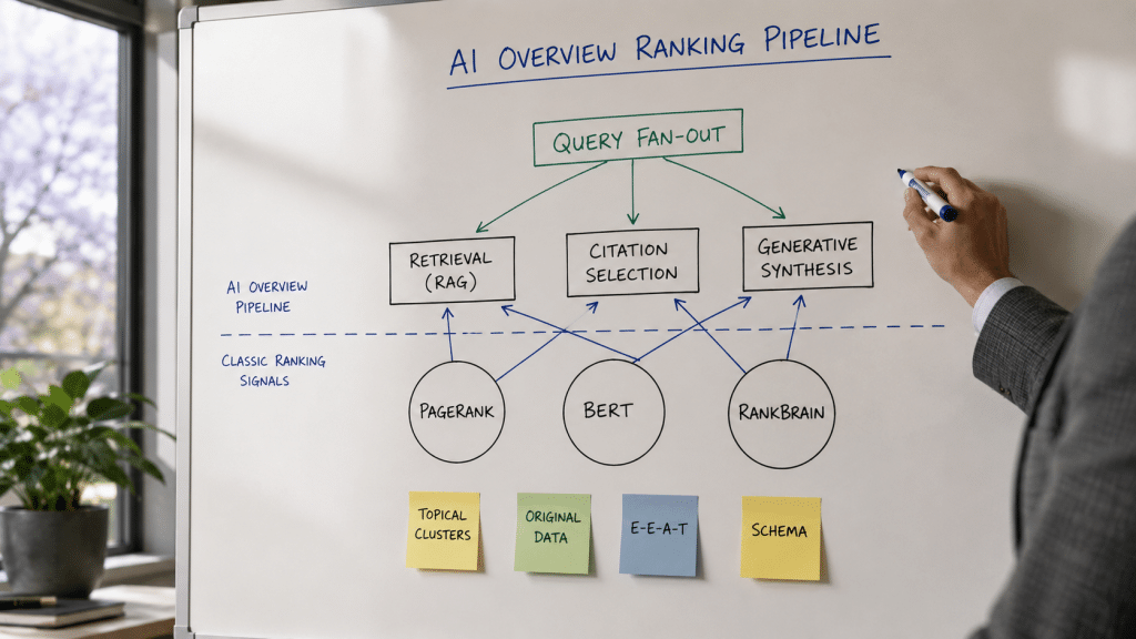 AI SEO South Africa — whiteboard with hand-drawn diagram of the AI Overview ranking pipeline: query fan-out, retrieval-augmented generation, citation selection, classic ranking signals; arrows in blue and green marker, sticky notes labelled clusters and topical authority