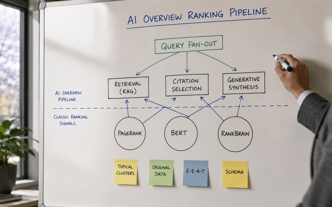 AI SEO South Africa — whiteboard with hand-drawn diagram of the AI Overview ranking pipeline: query fan-out, retrieval-augmented generation, citation selection, classic ranking signals; arrows in blue and green marker, sticky notes labelled clusters and topical authority