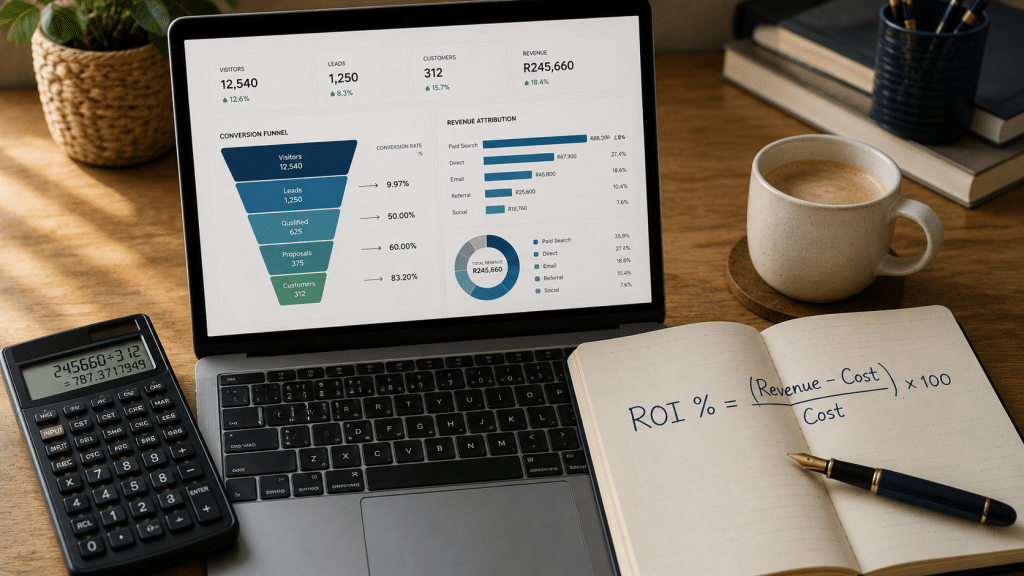 B2B lead generation ROI South Africa — laptop displaying an ROI dashboard with conversion funnel and revenue attribution charts, a financial calculator, notebook with ROI formula handwritten, and pen on a wooden desk