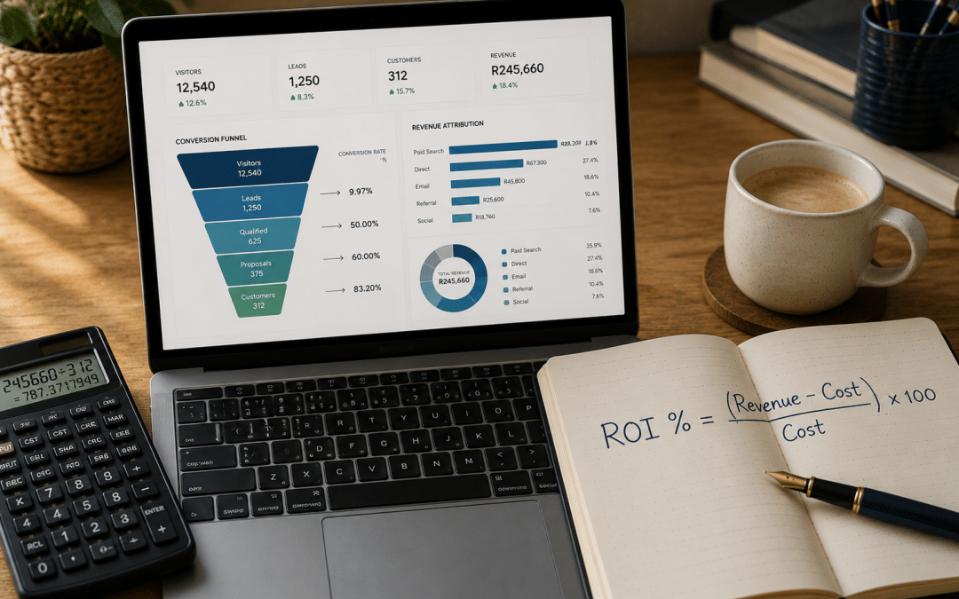 B2B lead generation ROI South Africa — laptop displaying an ROI dashboard with conversion funnel and revenue attribution charts, a financial calculator, notebook with ROI formula handwritten, and pen on a wooden desk