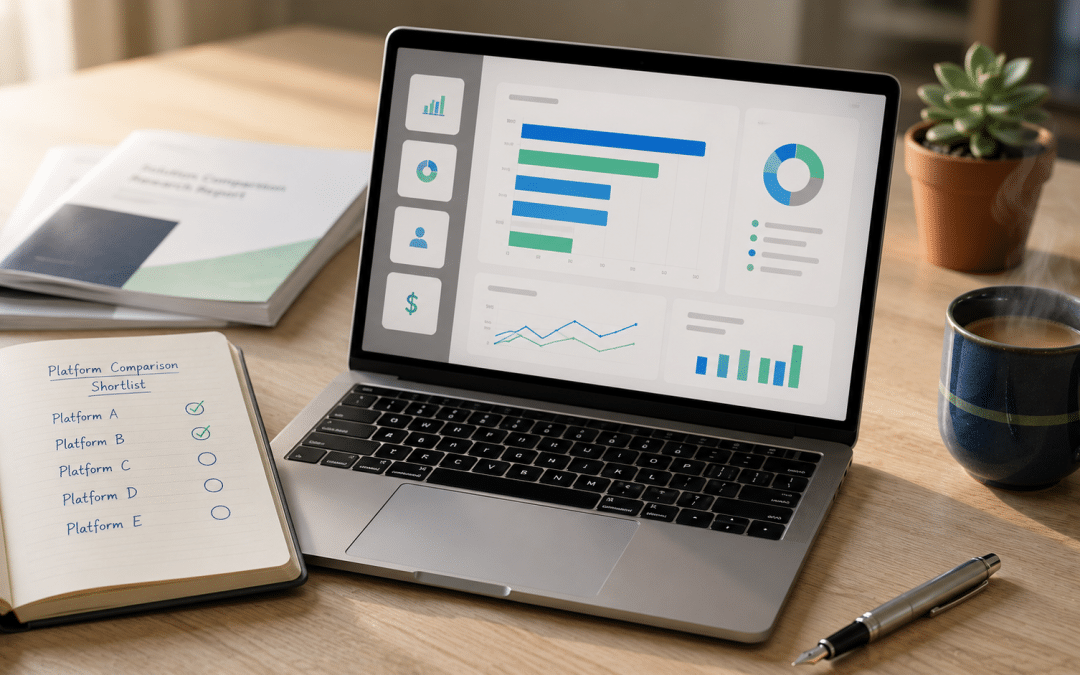 B2B lead generation tools South Africa — laptop and notebook on a clean editorial desk showing a sales prospecting workflow with a printed comparison shortlist of platforms, blue and green accent items, warm natural daylight