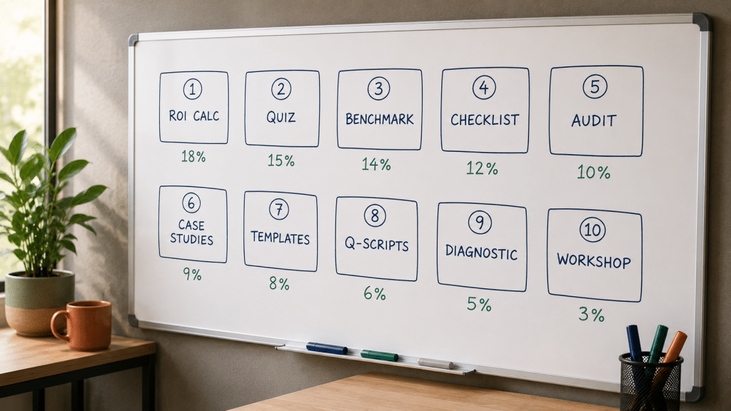 B2B lead magnet ideas South Africa — whiteboard sketch of 10 numbered lead capture asset types with conversion rate annotations