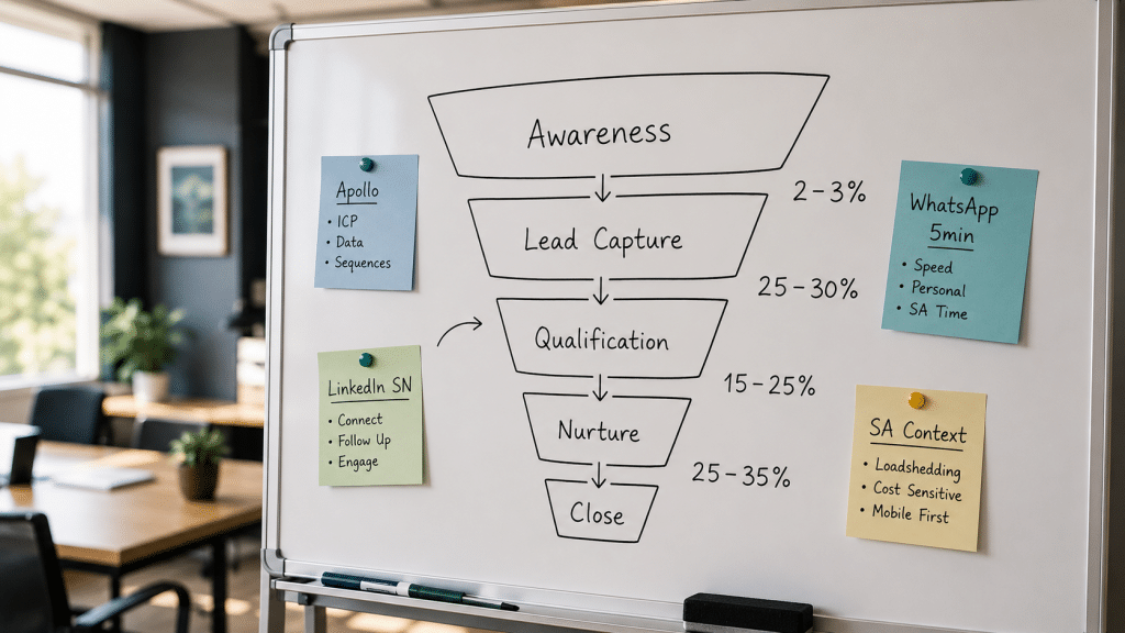 B2B sales funnel South Africa — whiteboard sketch of a 5-stage funnel with handwritten conversion rate annotations between each stage