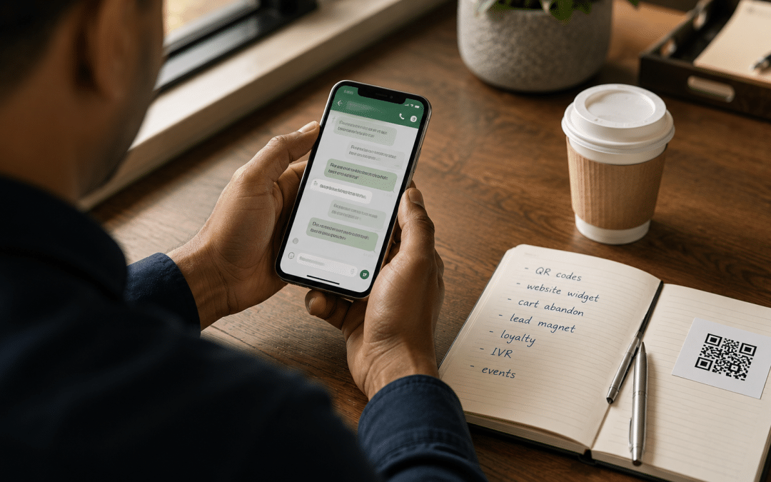Build whatsapp marketing list South Africa — over-the-shoulder view of hands holding a phone with a generic green-tinted messaging interface, notebook on desk listing opt-in channel ideas, warm natural daylight