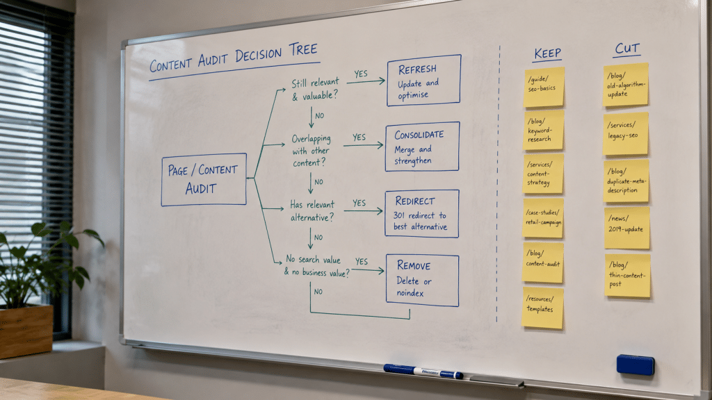 Content pruning seo south africa — whiteboard showing a content audit decision tree with refresh, consolidate, and remove branches, post-it notes grouped into keep and cut columns, marker pen on the ledge, soft office light