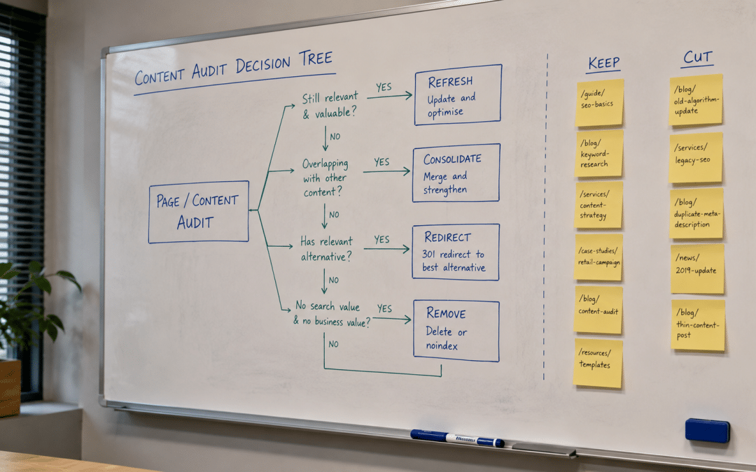 Content pruning seo south africa — whiteboard showing a content audit decision tree with refresh, consolidate, and remove branches, post-it notes grouped into keep and cut columns, marker pen on the ledge, soft office light