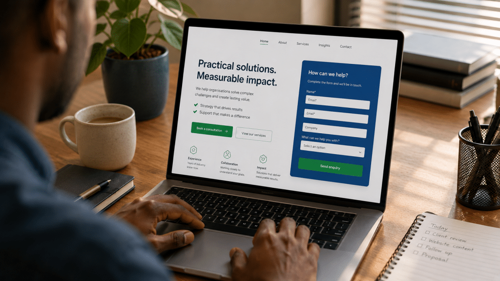 Conversion focused web design South Africa shown over the shoulder of someone moving through a clear call-to-action and a short enquiry form on a website