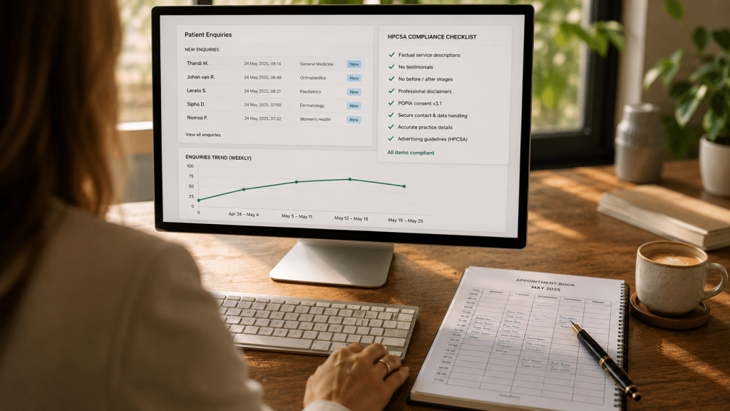 Digital marketing for healthcare — over-the-shoulder view of a private practice administrator reviewing a patient enquiry dashboard with HPCSA compliance checklist and SA medical aid claim metrics on a desktop monitor