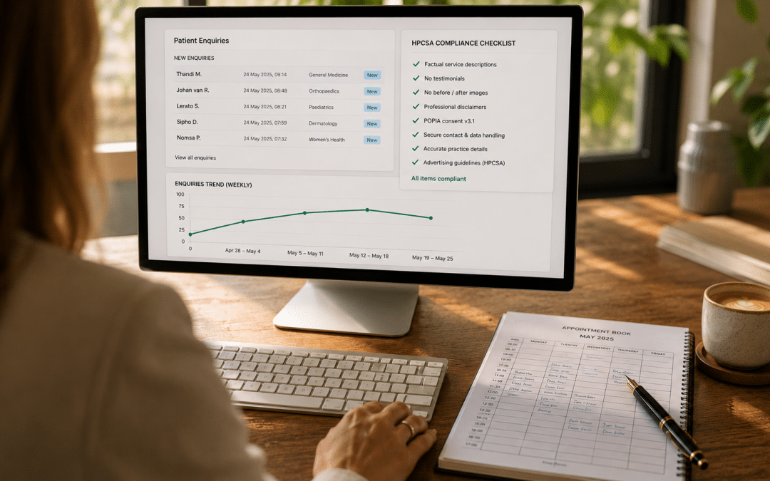 Digital marketing for healthcare — over-the-shoulder view of a private practice administrator reviewing a patient enquiry dashboard with HPCSA compliance checklist and SA medical aid claim metrics on a desktop monitor