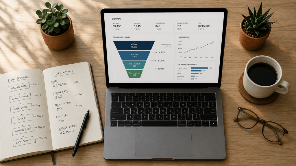 Email marketing for B2B SaaS South Africa — overhead flat-lay of a workspace showing analytics dashboard mockup, email sequence flowchart, coffee, and notebook with SaaS metrics annotations