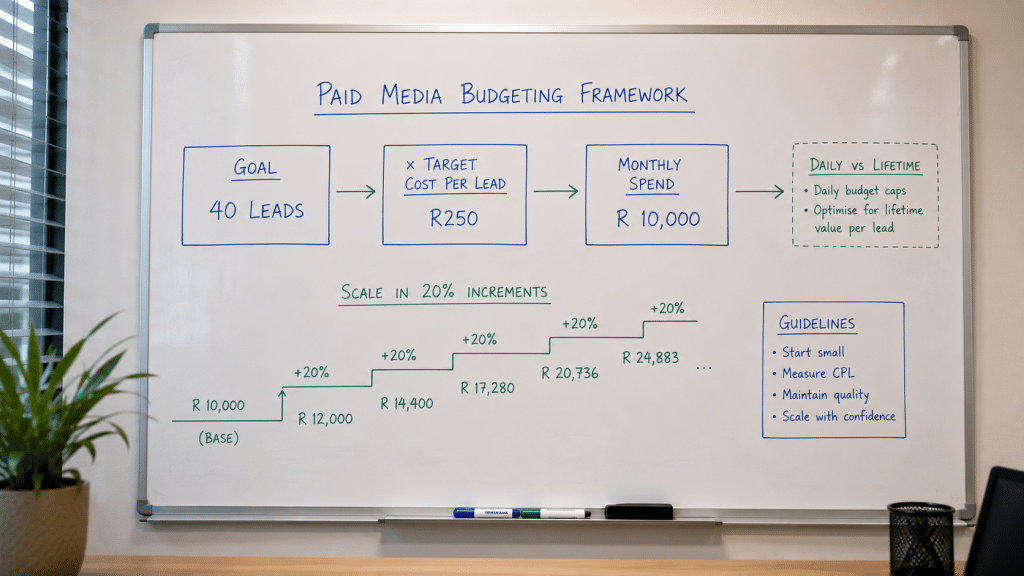 Facebook ads budget south africa — whiteboard with a hand-drawn budget-setting framework showing target cost-per-lead working back to a monthly spend figure in Rand, daily vs lifetime budget notes, arrows showing scaling steps