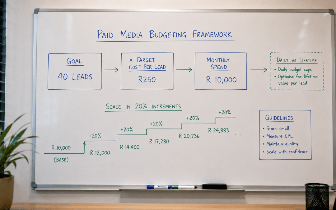 Facebook ads budget south africa — whiteboard with a hand-drawn budget-setting framework showing target cost-per-lead working back to a monthly spend figure in Rand, daily vs lifetime budget notes, arrows showing scaling steps