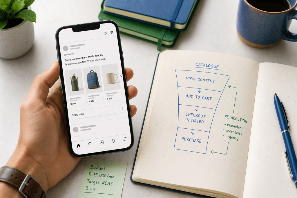 Facebook ads for ecommerce south africa — smartphone showing a dynamic product-catalogue ad carousel in a social feed, beside a notebook sketch of a store funnel from catalog ads to retargeting, Rand price tags