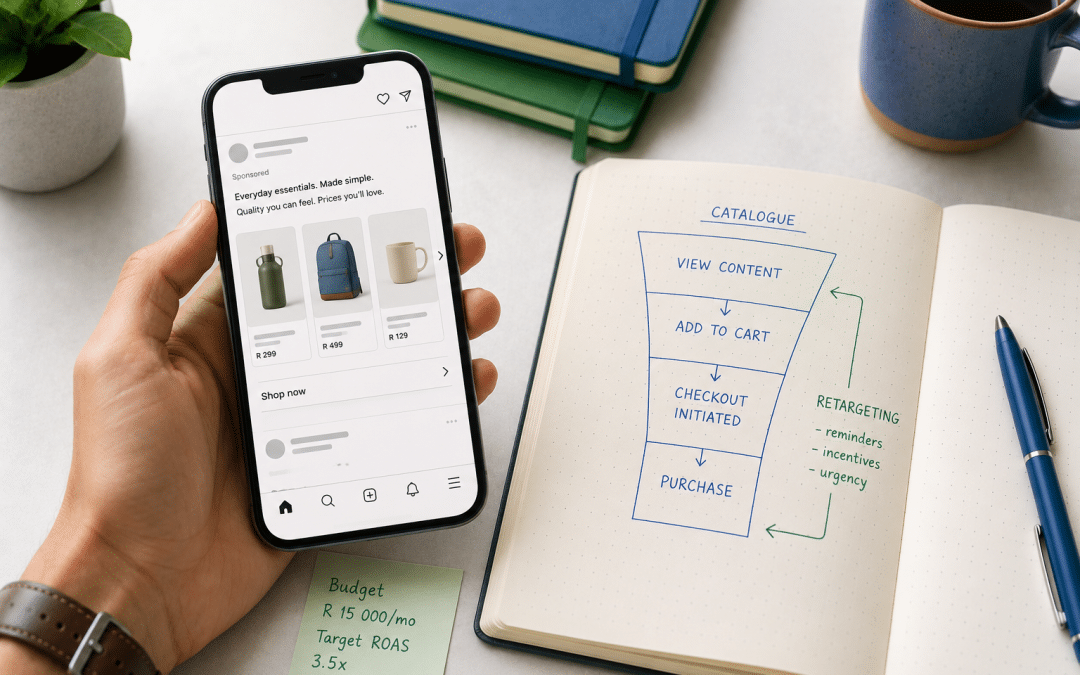 Facebook ads for ecommerce south africa — smartphone showing a dynamic product-catalogue ad carousel in a social feed, beside a notebook sketch of a store funnel from catalog ads to retargeting, Rand price tags