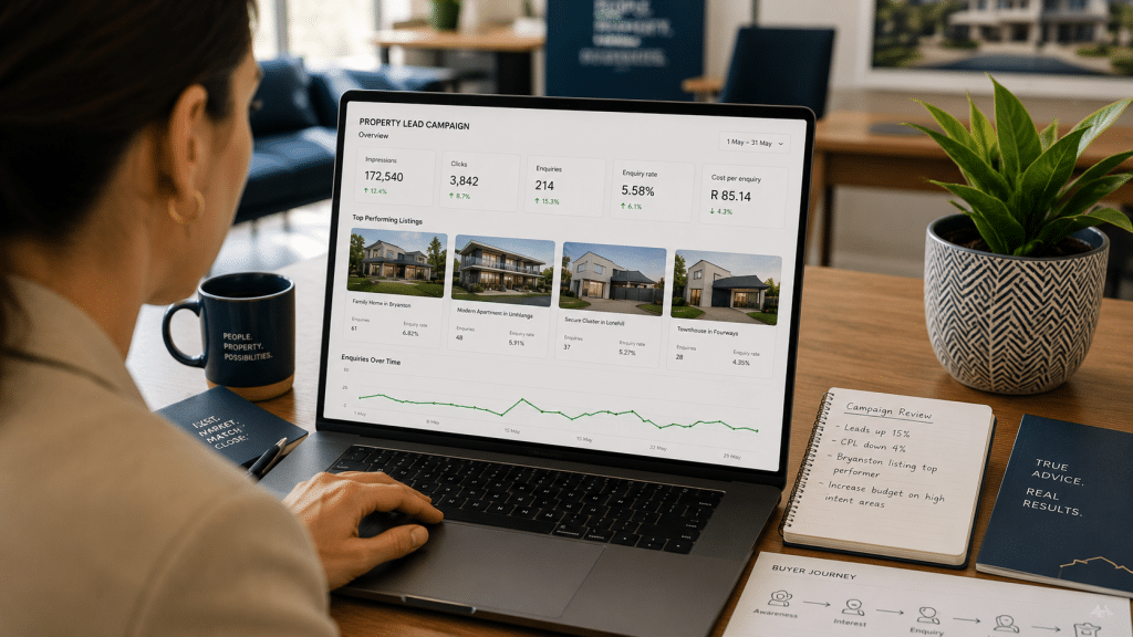 Facebook ads for real estate shown over the shoulder of an estate agent reviewing a property lead campaign dashboard on a laptop in a South African office