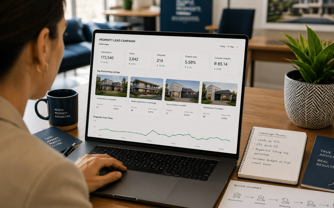 Facebook ads for real estate shown over the shoulder of an estate agent reviewing a property lead campaign dashboard on a laptop in a South African office