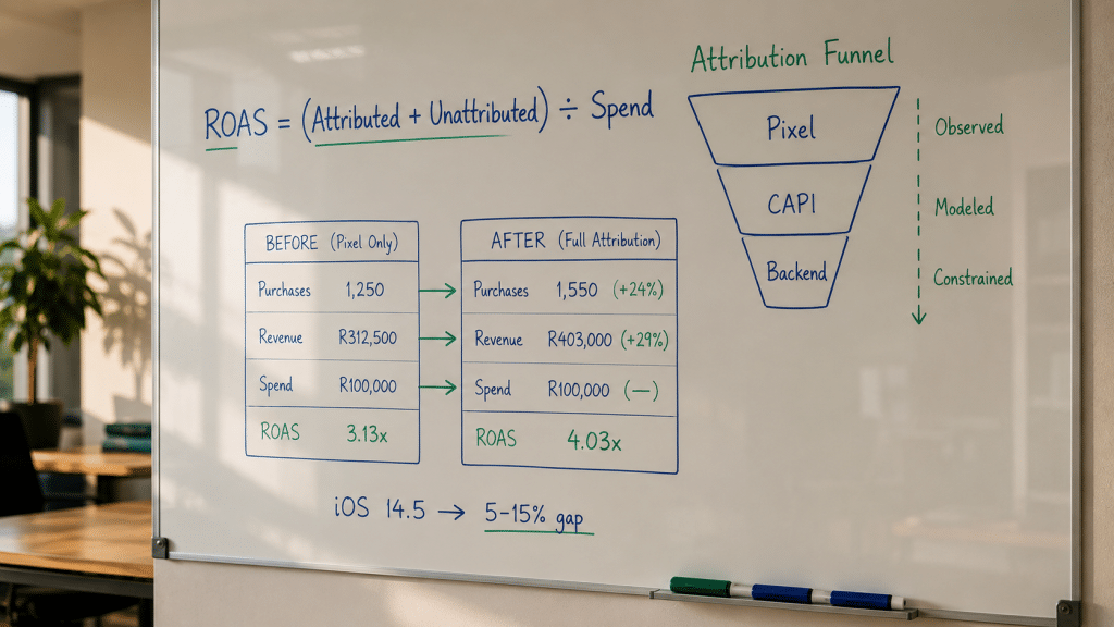 Facebook ads ROI South Africa — analytics whiteboard with ROAS formula, attribution funnel diagram, iOS attribution gap notes, and before/after metric panels in blue and green markers