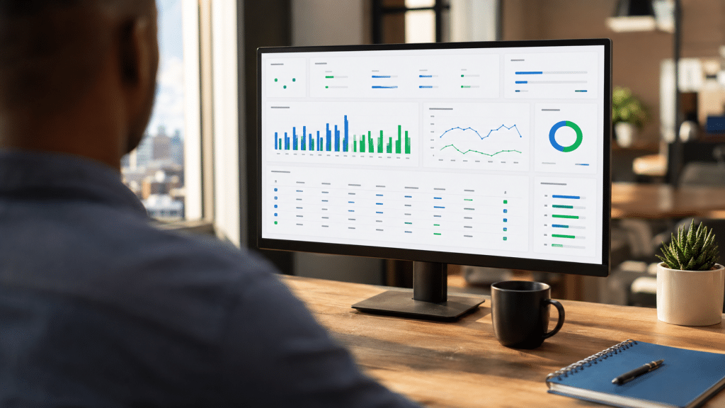 Google ads audit south africa — desktop monitor showing Google Ads campaign performance dashboard reviewed over-the-shoulder in Johannesburg office