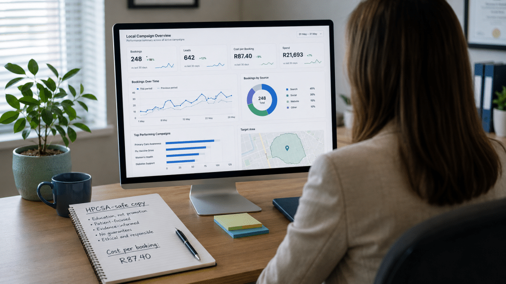 Google ads for healthcare south africa — over-the-shoulder view of a medical practice manager reviewing a compliant local booking campaign on screen, notebook with HPCSA-safe copy notes and Rand cost-per-booking
